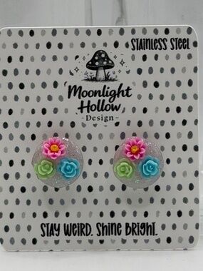 Whimsical Floral Resin Stud Earrings Pastel Garden Glitter Dome